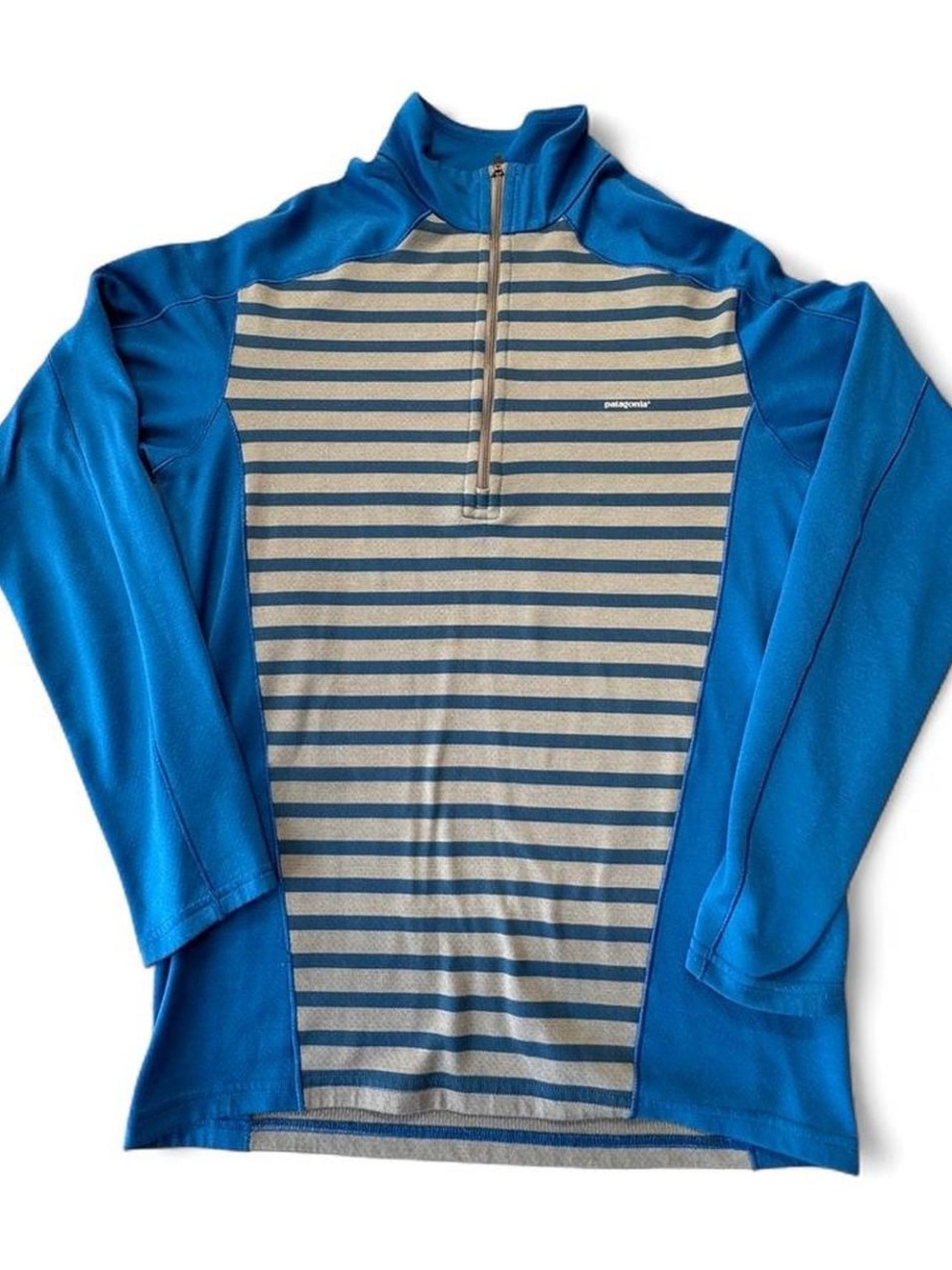 Patagonia Capilene 3 Mens Small Blue Striped Midweight Zip-Neck Baselayer O34